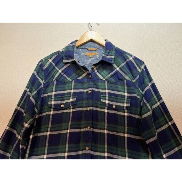 Jachs Girlfriend Flannel Snap Front Shirt Sz M Blue Green Plaid Stretch Comfort - Picture 5 of 13